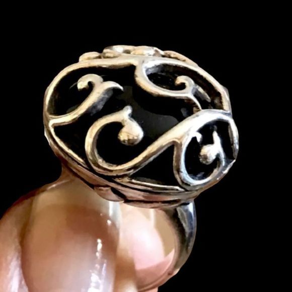 Vintage BARSE Onxy Cabochon Sterling Silver Scroll Cage Overlay Cocktail Ring - Picture 1 of 12